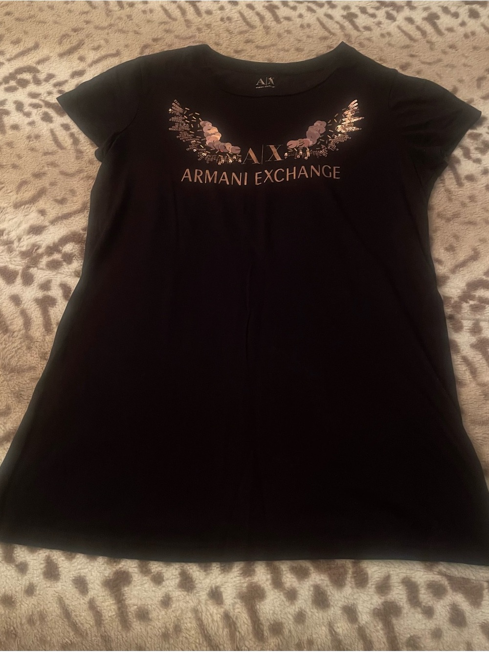 Armani Exchange Black Tee with Metallic Rose-Gold Logo and Floral Wings